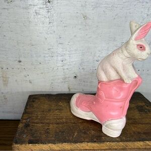 ANTIQUE 1920'S VISCOLOID EASTER BUNNY Pink & White IN SHOE CELLULOID TOY